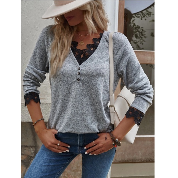 Grey Casual Marled Long Sleeve Tee Shirt V neck Buttons Contrast Black Lace - Picture 2 of 9